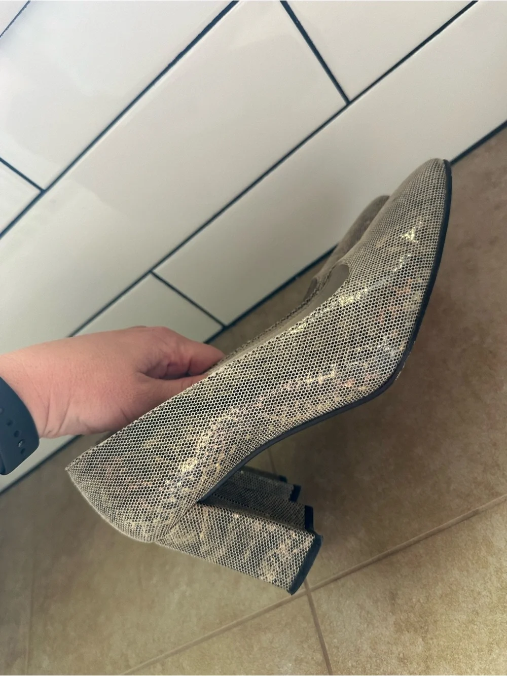 Stuart Weitzman Glitter Snake-Print Block Heel Pump